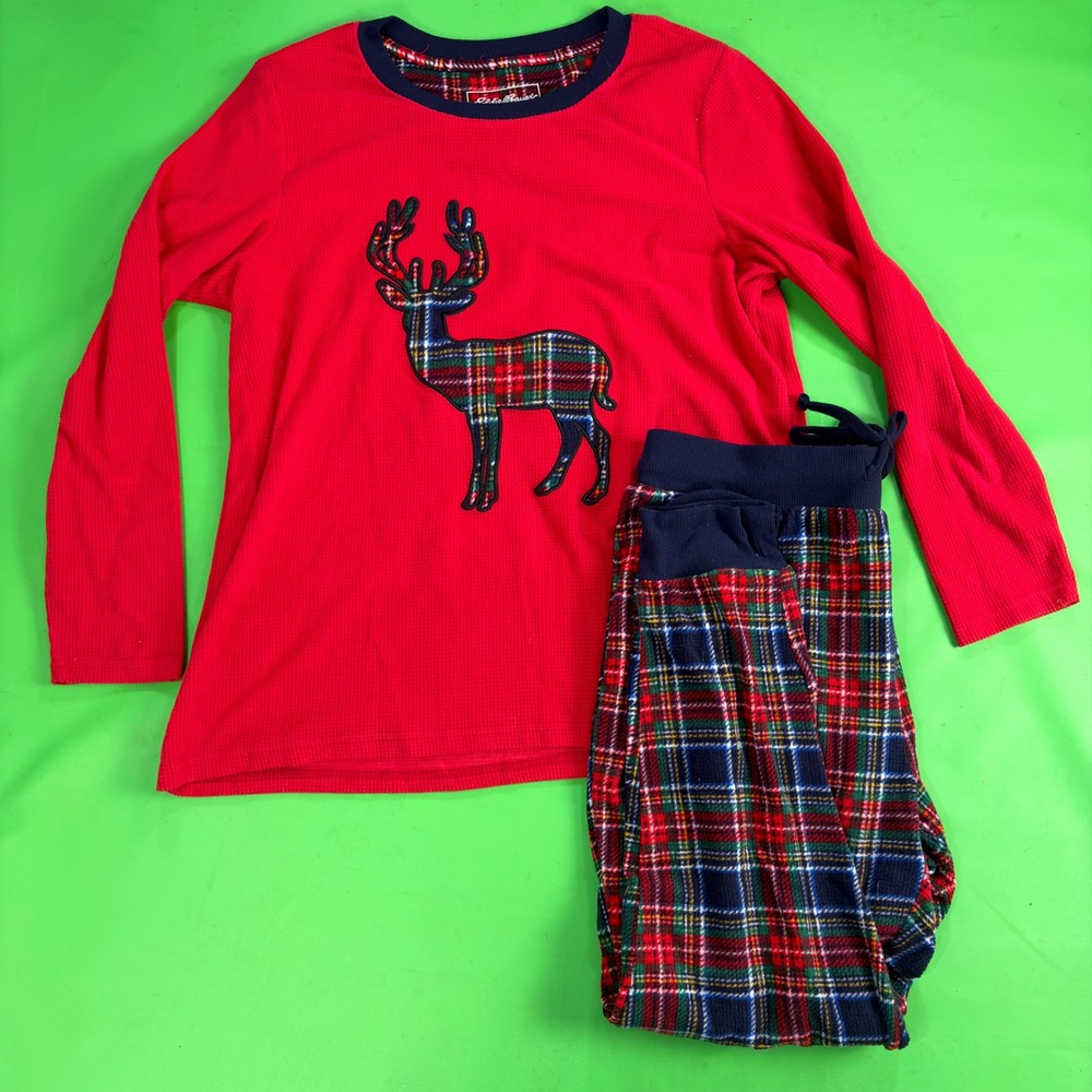 Eddie Bauer Pajama Set Womens L Red Plaid Waffle Knit  Reindeer Joggers 2pc Pjs